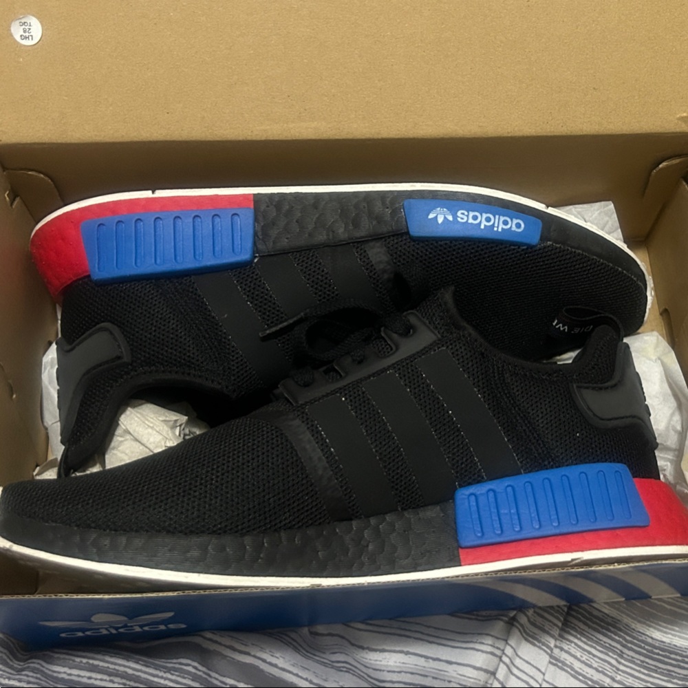Adidas NMD R1 Black with Red and Blue Highlights